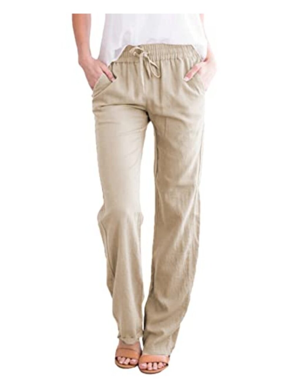 Women's Cotton Linen Straight Leg Pants Lightweight Chinos Elastic Drawstring